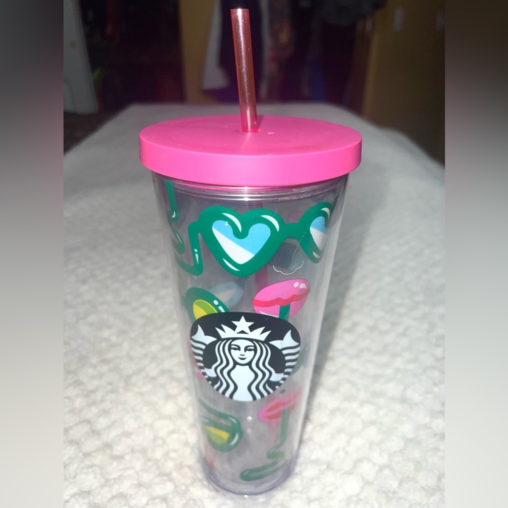 2014 Starbucks Tumbler Cold Cup Venti Crazy Straws Sunglasses Pattern Pink 24 oz